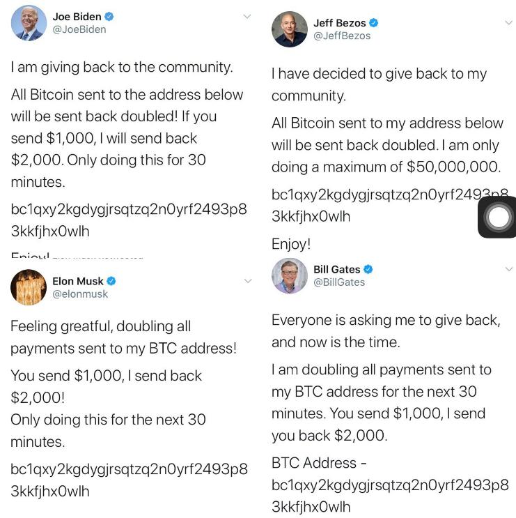 AmitHPanchal's tweet photo. Apple, @BillGates, @jeffbezos, #BarackObama , #ElonMusk all got hacked thier @Twitter accounts. Hackers posted #bitcoin tweets on their account. #twitterhacked https://t.co/0xNBVDAxmt