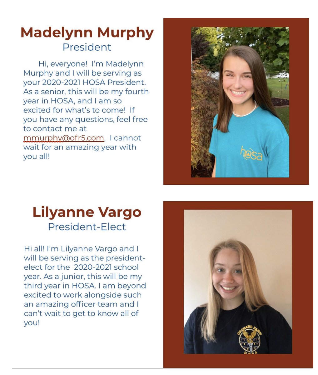 OFHS_HOSA's tweet image. Meet your 2020-2021 Orchard Farm HOSA Officers! We are so excited to see what this year has in store! #hosafhp