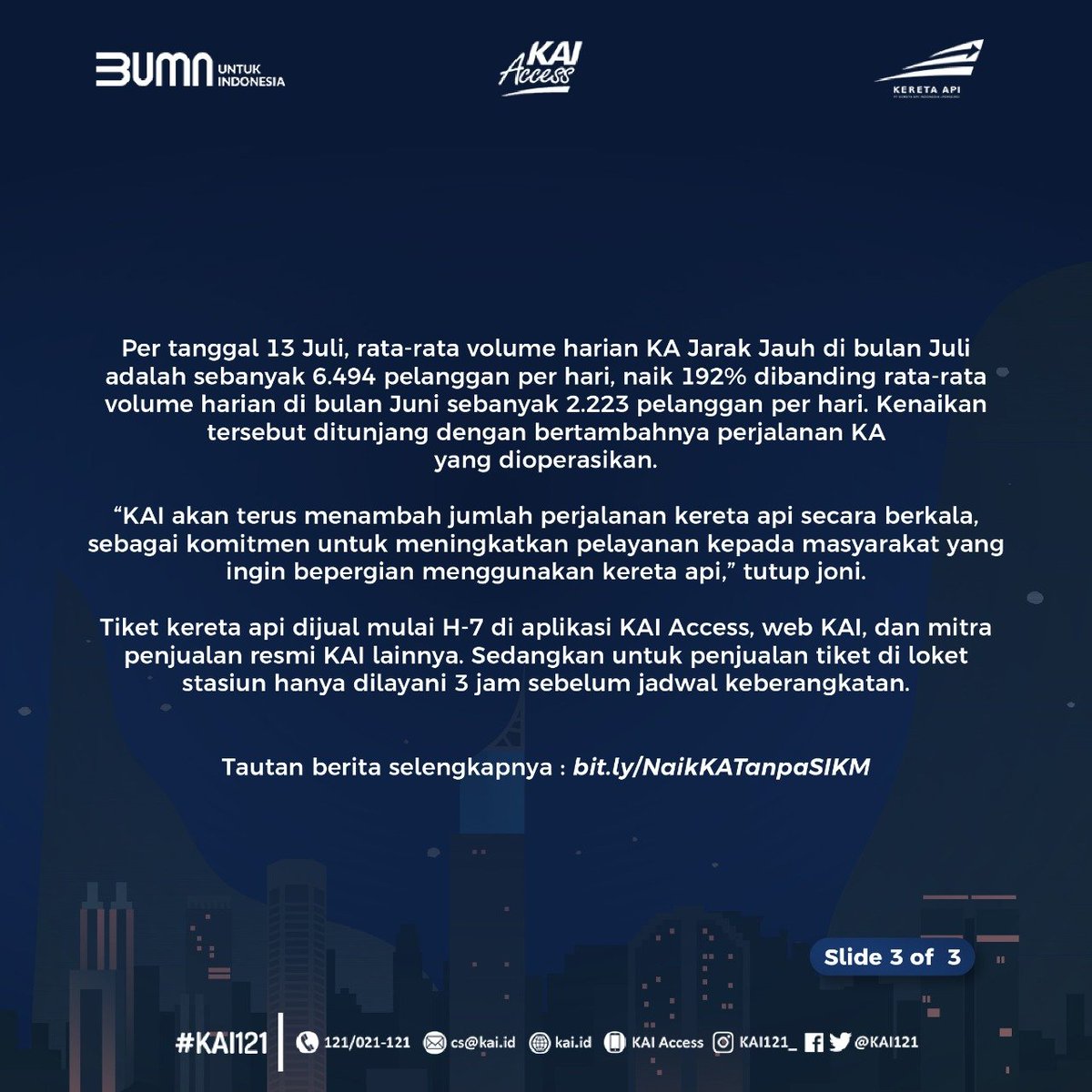 KAI121's tweet photo. Selain itu, masyarakat yang ingin menggunakan KA Jarak Jauh pada masa Adaptasi Kebiasaan Baru, tetap diminta untuk menunjukkan Surat Bebas Covid-19 (Tes PCR/Rapid Test) yang masih berlaku (14 hari sejak diterbitkan).

#KAINewNormal https://t.co/IyDT0F3IQt