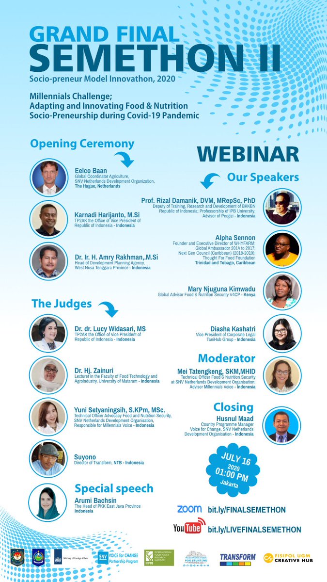 📢🏆GRAND FINAL Socio-entrepreneur Model Innovathon II (Semethon II) and Food &amp; Nutrition Socio-Entrepreneurship International Webinar

Introducing our Speakers form Indonesia, the Netherlands, Kenya, Trinidad and Tobago, Caribbean.

#V4CP #Millenials #Food &amp; #Nutrition