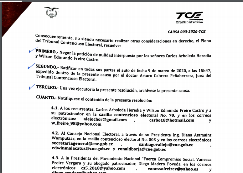 VanessaFreireV's tweet photo. Una vez más queda demostrado que el movimiento de las grandes mayorías 
@CompromisoRC5 no ha incurrido en causal para su cancelación; ésto lo vuelve ha ratificar el @TCE_Ecuador
 en su archivo a la causa 003-2020-TCE.
#PrincipioDeCosaJuzgada
#LaDemocraciaSeRespeta 
@MashiRafael https://t.co/peShnDSNZj
