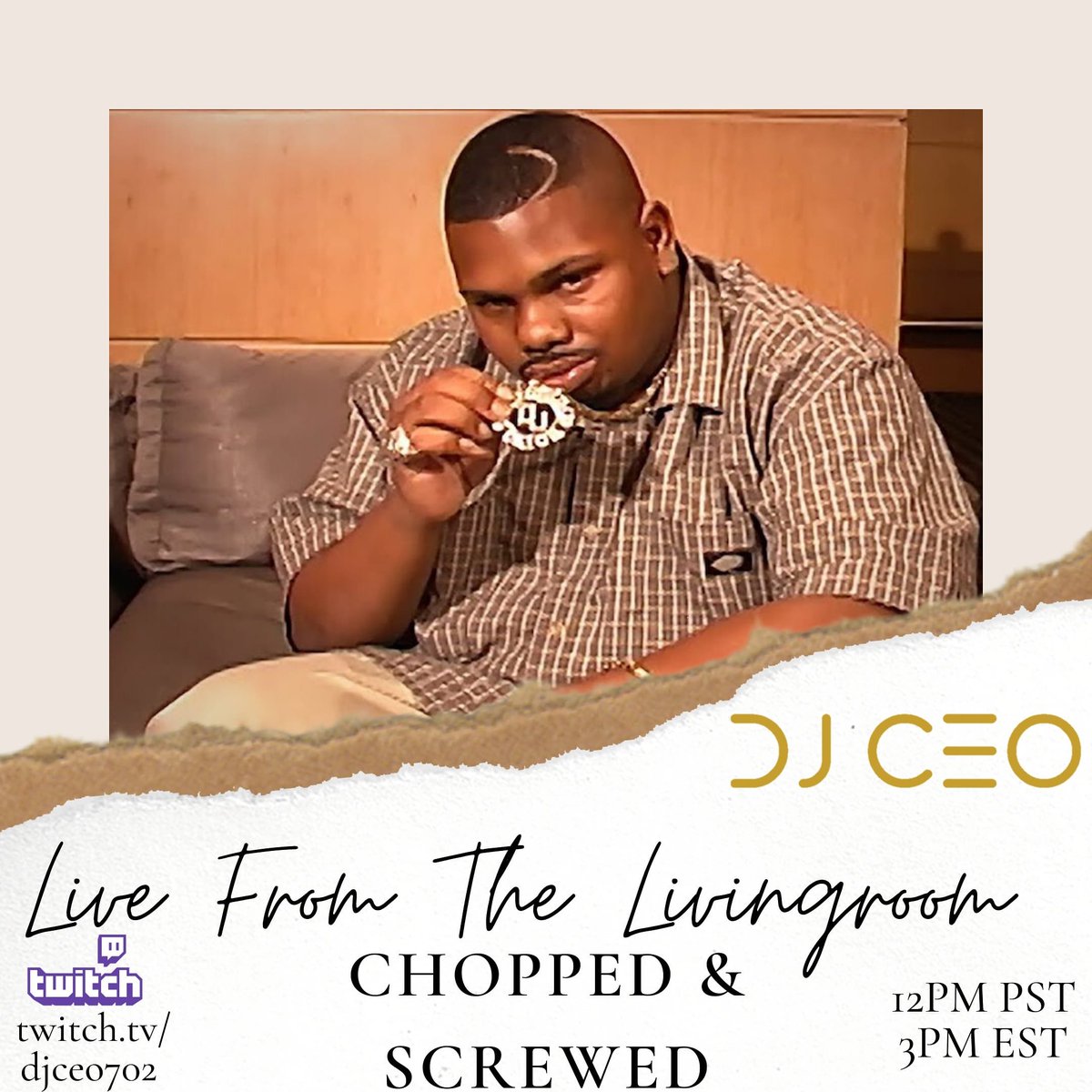 DJCEO's tweet photo. H- TOWN WHADDUP! Tomorrow's Live From The Livingroom set is dedicated to the late DJ Screw and the Chopped & Screwed style of playing Hip-Hop that is native to Houston, TX.
#djceo #styleandperformance #lifestyledj #respectthedj #lftlr #nodaysoff #djscrew #choppedandscrewed https://t.co/4Zm5DMPeyi