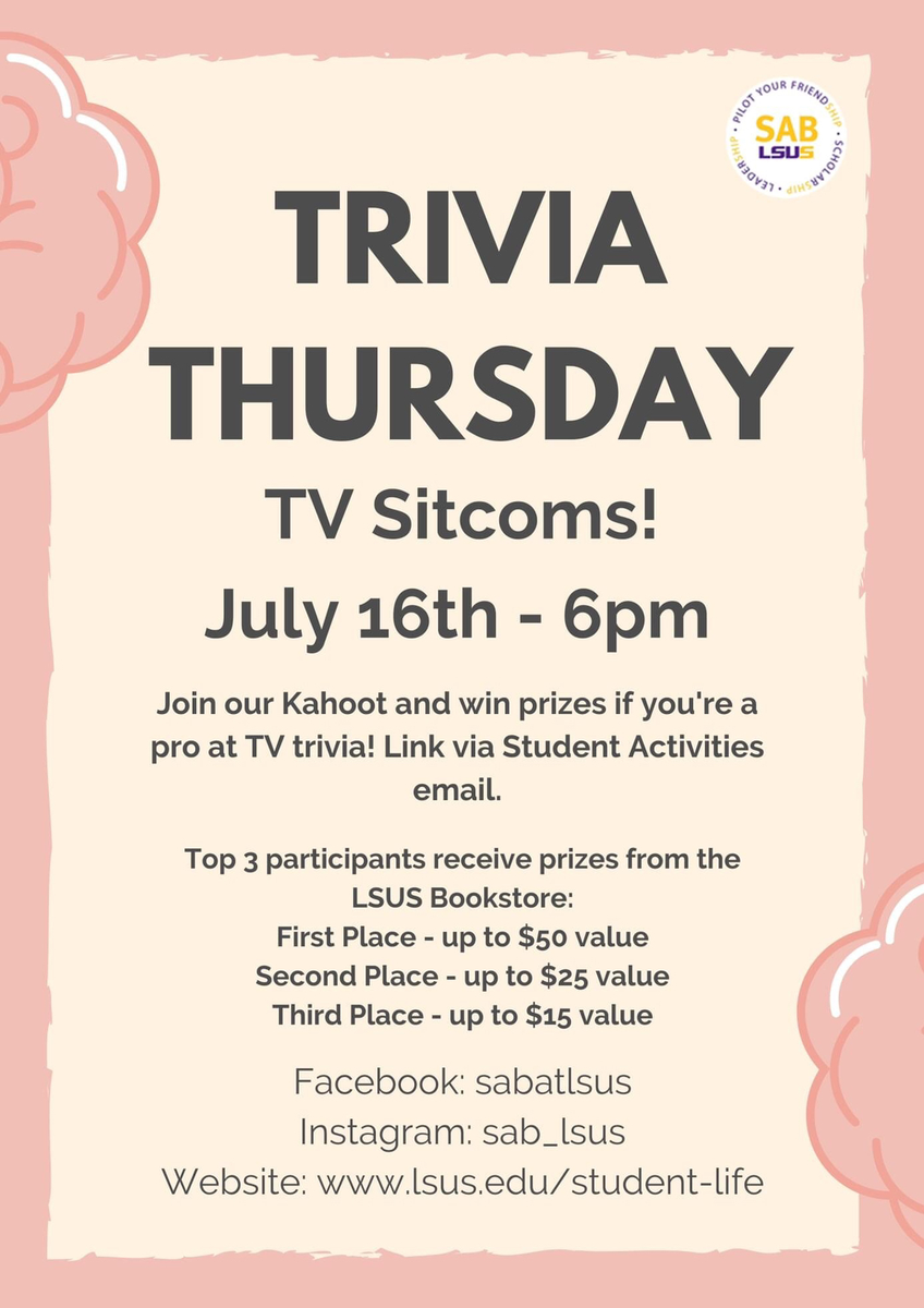 SABatLSUS's tweet photo. Get ready for trivia night tomorrow! Show off you knowledge about Friends, Fresh Prince of Bellaire and other classic sitcoms! Plus, PRIZES!!! https://t.co/HFrx6olbVk