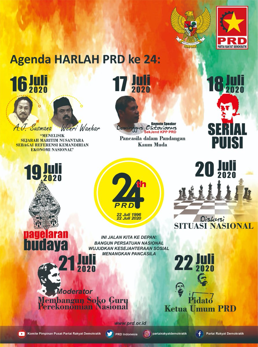 AlifKamal__'s tweet photo. Ayo gabung dalam rangkaian acara #24TahunPRD, dimulai hari ini 16 Juli - 22 Juli 2020. Untk jadwal acaranya akan diutas dalam akun @prd_indonesia & masing2 acara akan tayang/live d FB Partai Rakyat Demokratik
#MenangkanPancasila
#RakyatAdilMakmur https://t.co/qsZrX475Om