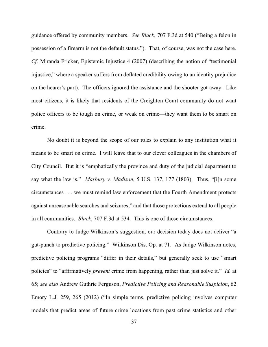 Gregory rejects Wilkinson's "gut-punch" line. He questions (through citations) whether predictive policing is "a high-tech version of racial profiling" and poses Fourth Amendment problems. Still, he believes it can be used "in good faith with constitutional principles."