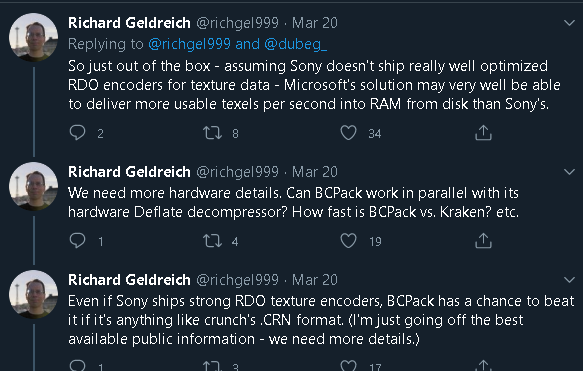 There IS a silver lining in both of these, if Oodle is implemented on kraken hardware, then the 9 GB/s metric can be used to allow the PS5 to do 13.5 GB/s for textures. If BCpack's compression is >50%, that lead will fall again. All in all I think the differences will be small af