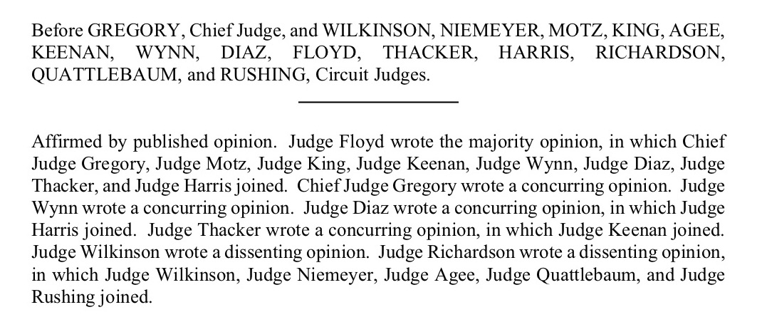 Three different colleagues—Chief Judge Gregory, Judge Wynn, and Judge Diaz—write concurrences in response to Wilkinson. They are not impressed.