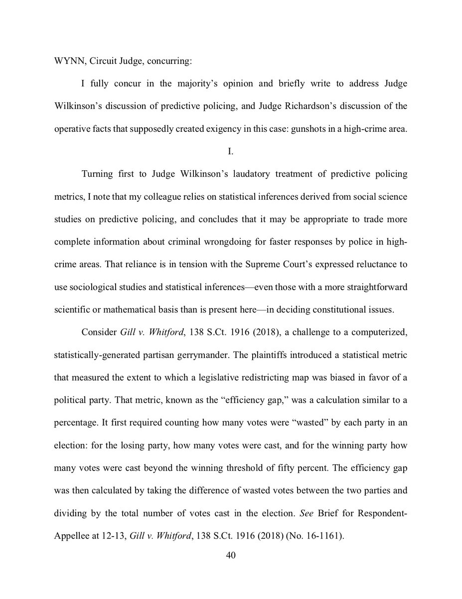 Next, Wynn dings Wilkinson's "laudatory treatment of predictive policing metrics," noting significant shortcomings in the literature on predictive policing and the Supreme Court's recent (if regrettable) skepticism of social science studies in Gill v. Whitford.