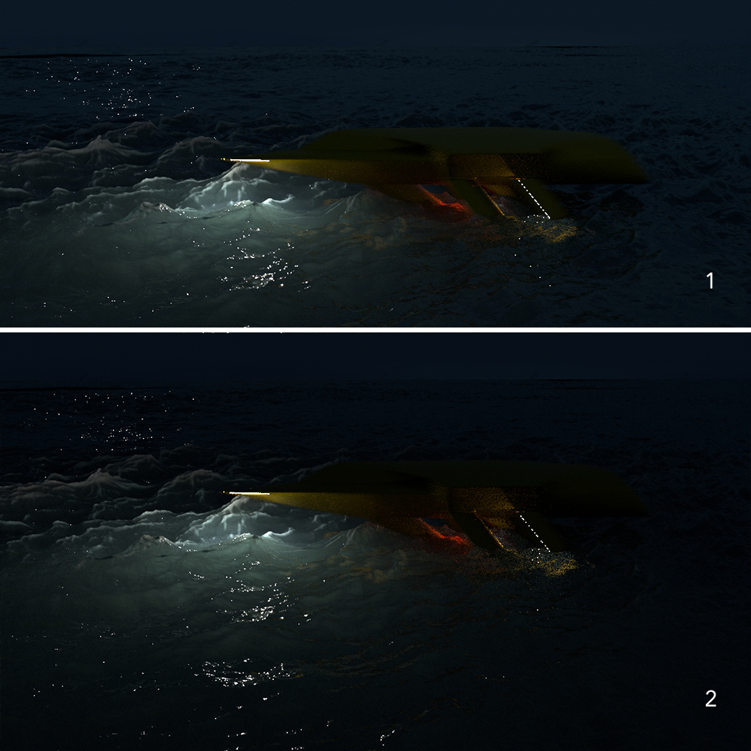 PierreJamesM's tweet photo. Shot 1 vs Shot 2. The scene will have to take place at dusk for better environment lighting on an open water ocean. 

#3D #houdini #nuke #ue4 #ue5 #VFX #filmmaking #scalemodels #studiomovies #tentpolemovie https://t.co/YXFX0xRAnf