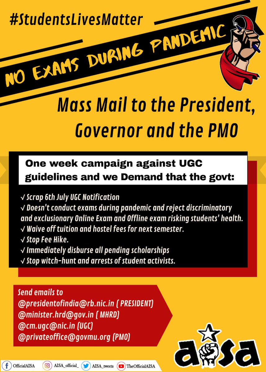 PrasenjeetKuma6's tweet photo. No Exams During Pandemic!
One week campaign against UGC Guidelines, rasing other pertinent issues which concerns student community across India. Enough is Enough, Authorities &amp; Govt must pay attention now.
Mass Mail to the President, Governor and the PMO!
#StudentsLivesMatter https://t.co/I38HWjnyPw