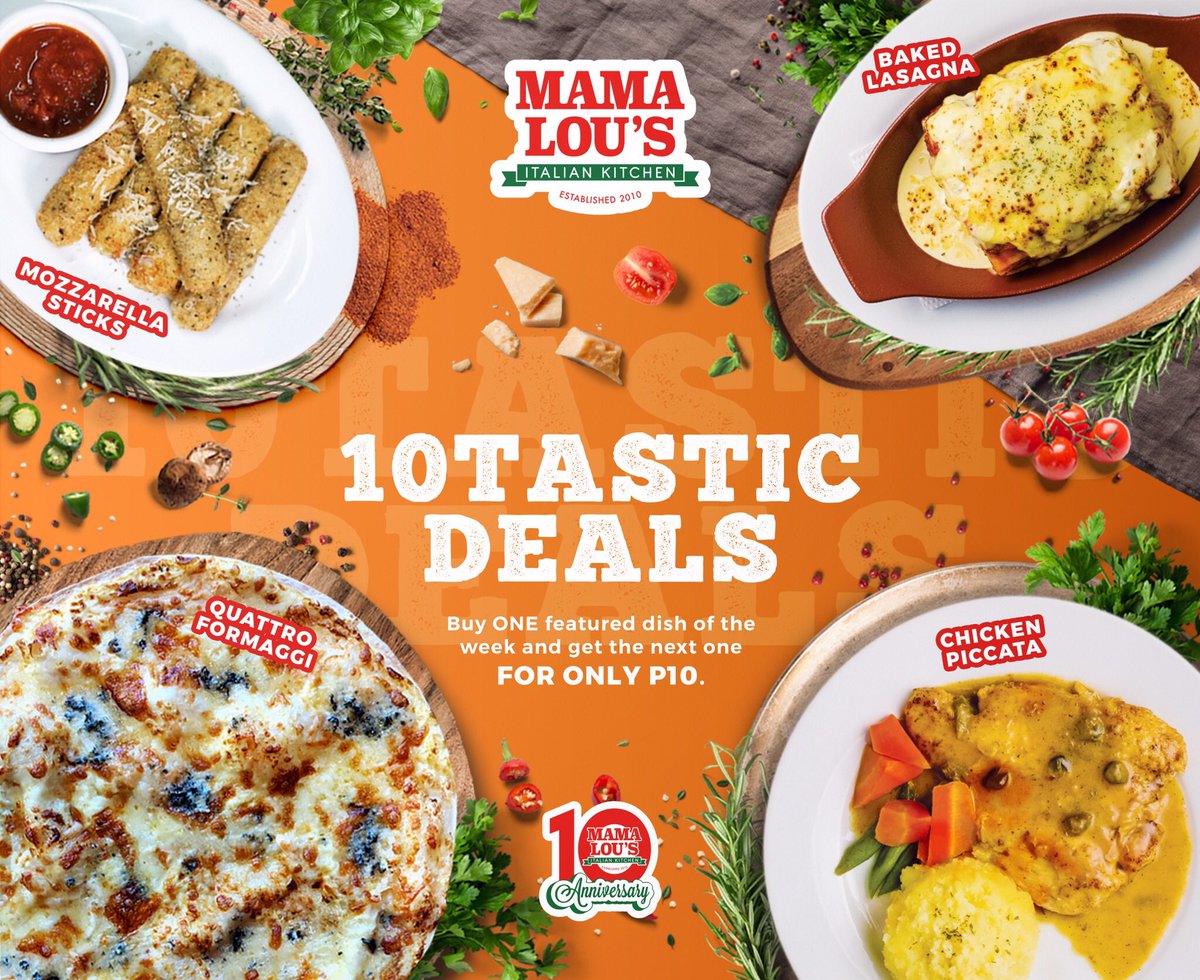 mama_lous's tweet photo. A10tion please! We've got 10tastic news for you!😄

Celebrate #10tasticYears of Mama Lou's with our featured dishes weekly from July 14 to Aug 9, 2020!🔟🥳🎉

Terms &amp; Conditions 👉 https://t.co/e6W9OQf151
Per DTI Fair Trade Permit No. FTEB-101974, series of 2020
#MAMA10US https://t.co/foy4Mo2H2e