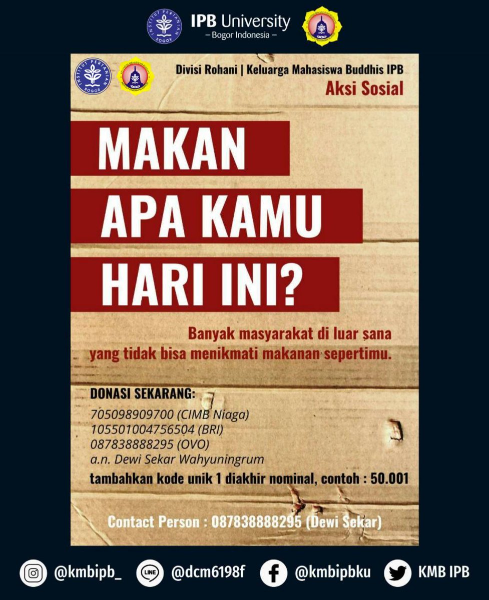 KMBIPB's tweet photo. [AKSI SOSIAL]

✨Makan Apa Kamu Hari Ini?✨

Yuk, saling bantu dengan apa yang kita bisa🙏

Perekonomian Indonesia yang melemah disaat pandemi menjadikan angka kemiskinan semakin bertambah⚠ https://t.co/x6X44mOMTq