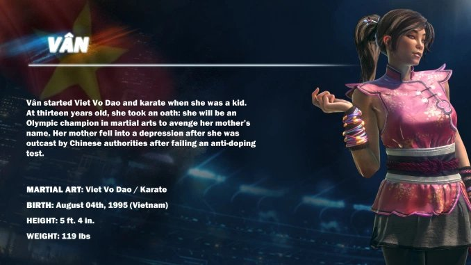 As for Van, her backstory is a bit more obtuse. It was her mom that got popped for steroids and couldn't make it to the Olympics. Nevermind that America and China are far more notorious than Vietnam IRL for this ... how can this backstory be reflected in this character design?