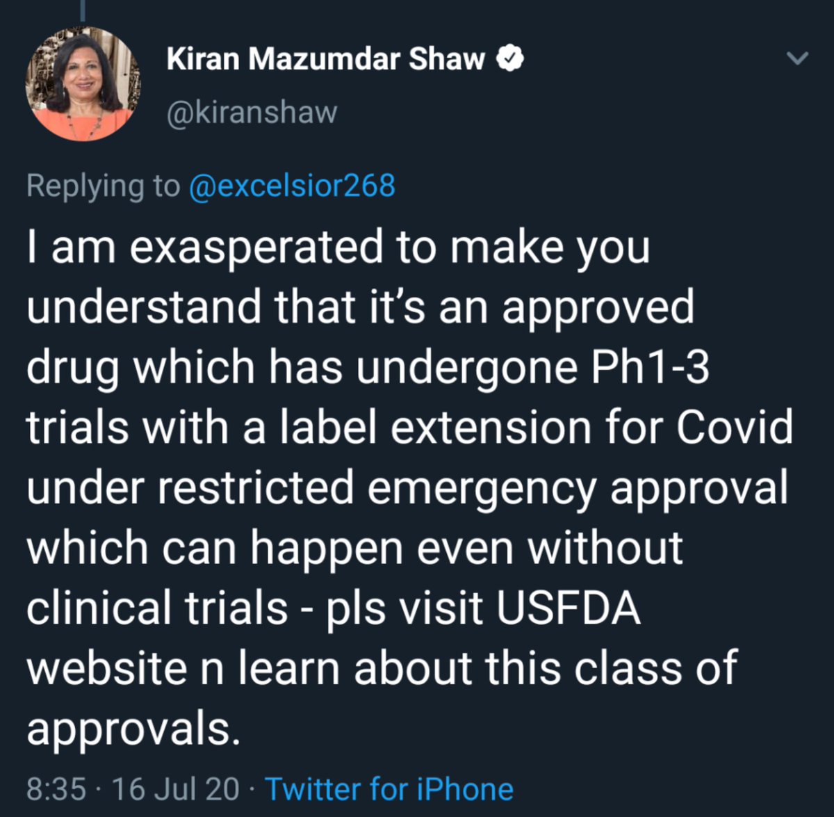 Issue 1. This drug is approved for psoriasis in India.It is STILL NOT approved in USA for the same.Ironically she happily quotes USFDA protocols for restricted emergency approval when her drug has not been approved for the original use there Shouldn't that make you wonder