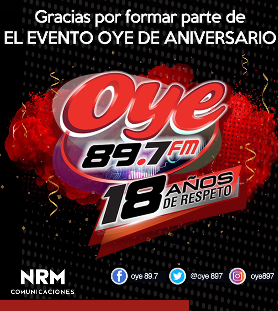Oye897's tweet photo. Gracias a ti por formar parte de 18 años de Historias, 18 años de Eventos, 18 años de Música, #18AñosDeRespeto‼️
🥳🎶Los amamos👏🏻🥰 
#ElEventoOyeDeAniversario 📲 https://t.co/Vsv4gkYfom