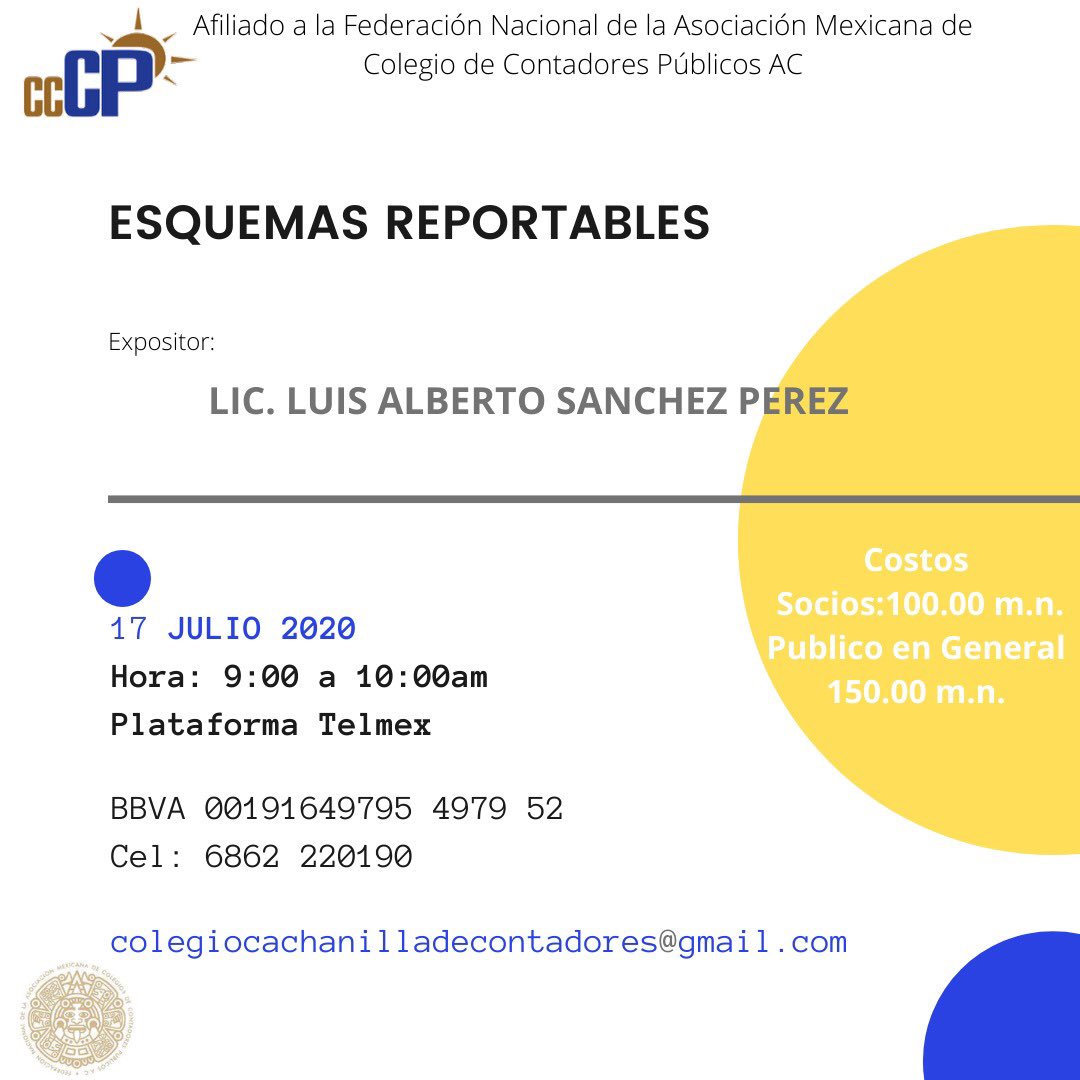 ADefensafiscal's tweet photo. Nuestro socio @TopicosFiscales estará como expositor invitado por el Colegio Cachanilla de Contadores Públicos, A.C. Con el tema #EsquemasReportables el dia Viernes a través de la plataforma zoom.
#ASA #DefensaFiscal #EstrategiaFiscal #CCCPM #AMCP #AsesorFiscal #Abogado https://t.co/VSUvfuQT4l