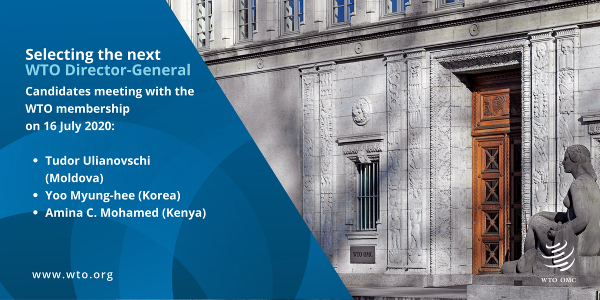 wto's tweet photo. Today, three more candidates for the WTO Director-General post meet with WTO members to present their vision for the organization. 

Today, we welcome @TUlianovschi, Yoo Myung-hee &amp; @AminaMohamedWTO 

Read more about the DG selection process here: https://t.co/rCo7gRsEkI 
#WTODG https://t.co/NKu980mmhD