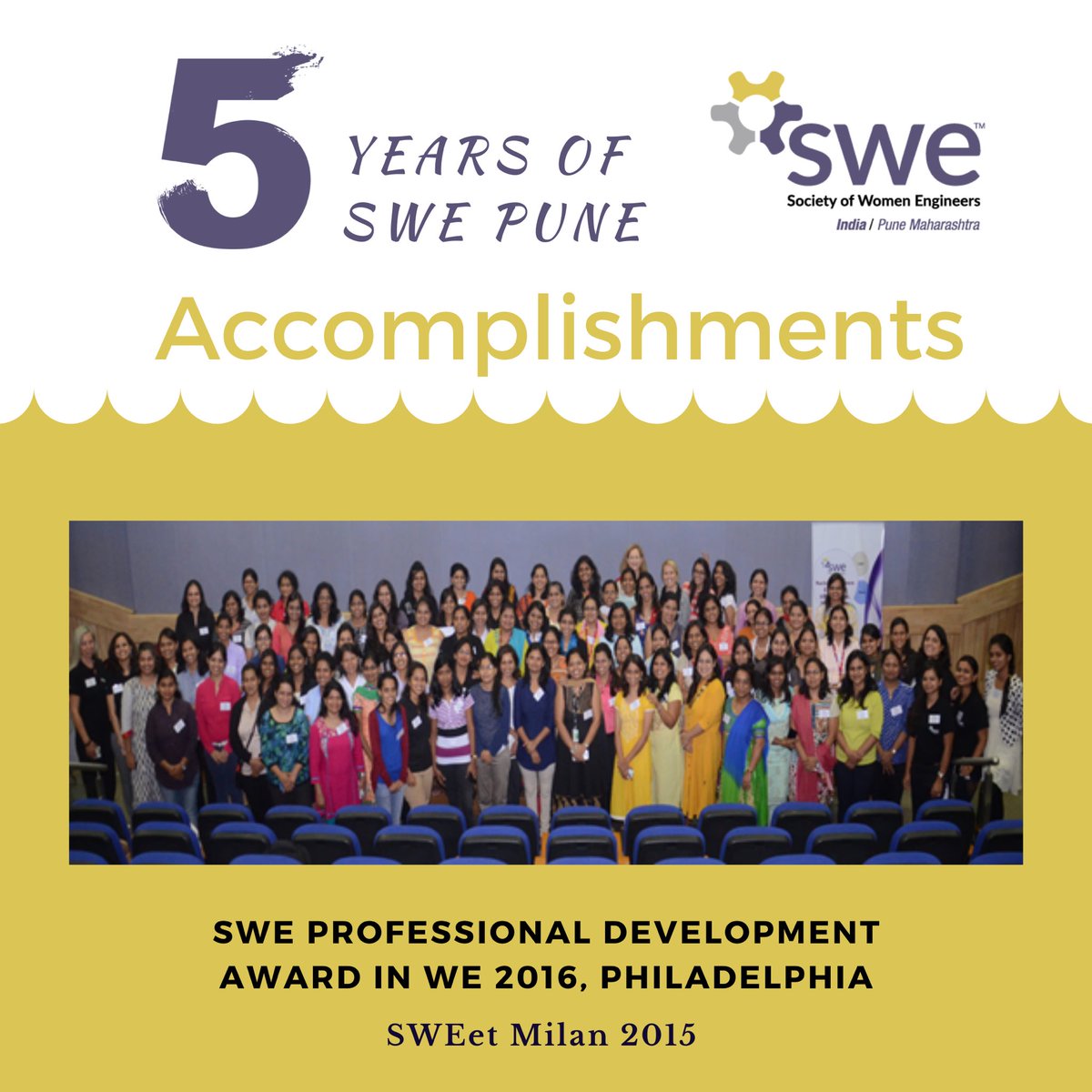 SWEPune's tweet photo. SWEet Milan is a professional mentoring program run by #SWEPune which was awarded at the #WE16,Philadelphia annual conference.
#SWEPuneAffiliateTurns5 #facesofswepune #womenatwork #strongWomen #empowerment #DiversityWoman #diversity #mentoringmatters #leadership #womenempowerment https://t.co/xCY3oPk5eP