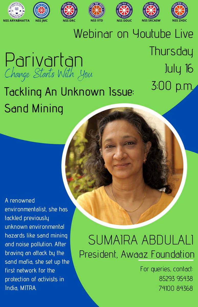 sumairaabdulali's tweet photo. Webinar on sand mining with @NSS_IITD Aryabhatta College, Jesus and Mary College,Daulat Ram College,
Deen Dayal Upadhyaya College,Shaheed Rajguru College, Zakir Husain Delhi College https://t.co/9Ov21QVvZy