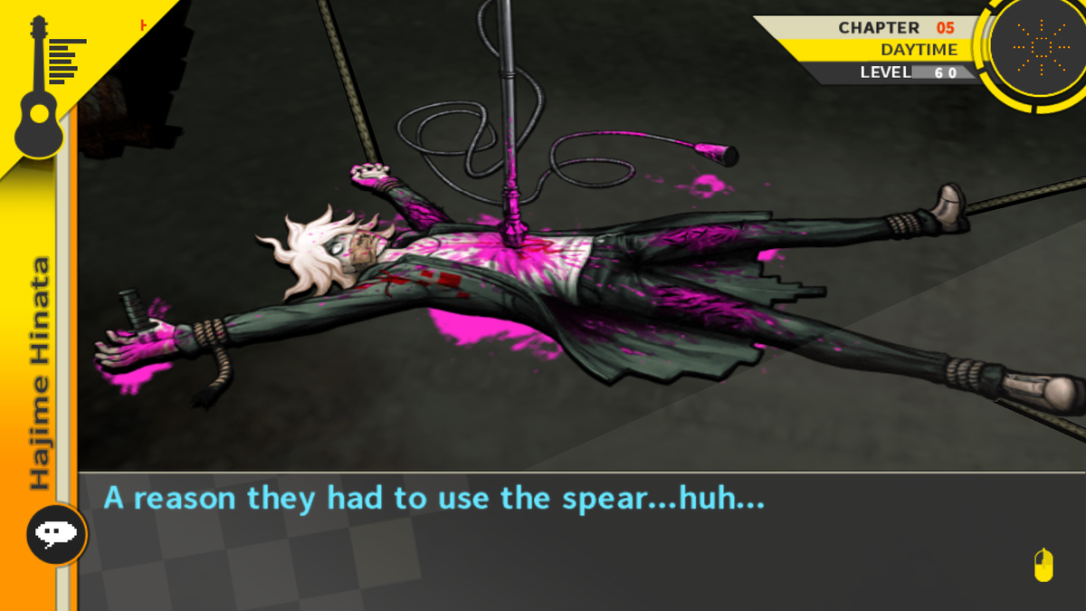 tw/cw nagito's bodythe spear, it was probably tied up and thefire like... burn that tie, all the lined up monokuma standees would make some sense if that was it, and it fell when it burnt?