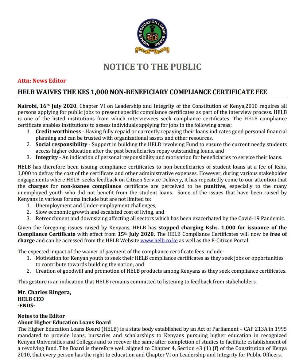 HELBpage's tweet photo. Breaking News!! We have waived the Kshs 1,000 non-beneficiary compliance certificate fee effective 15th July, 2020. Get your compliance free of charge from our website https://t.co/OgOa1e7iKC or from the E-citizen Portal today! https://t.co/SAJe5fImJh