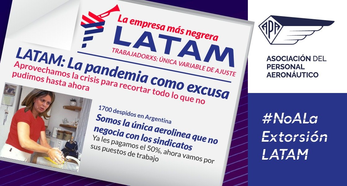 APAERONAUTICOS's tweet photo. #NOaLaExtorsionLATAM 
@LATAM_ARG y sus CEOS se pueden lavar las manos en Argentina? 
Creemos que hay 1700 familias aeronáuticas que merecen seguir trabajando @mariomeoni @alferdez @CFKArgentina @MaxiKirchnerOK @alferde@ptambu @MinTrabajoAR @TurDepAR @MindeTransporte https://t.co/8Grsxveyiu