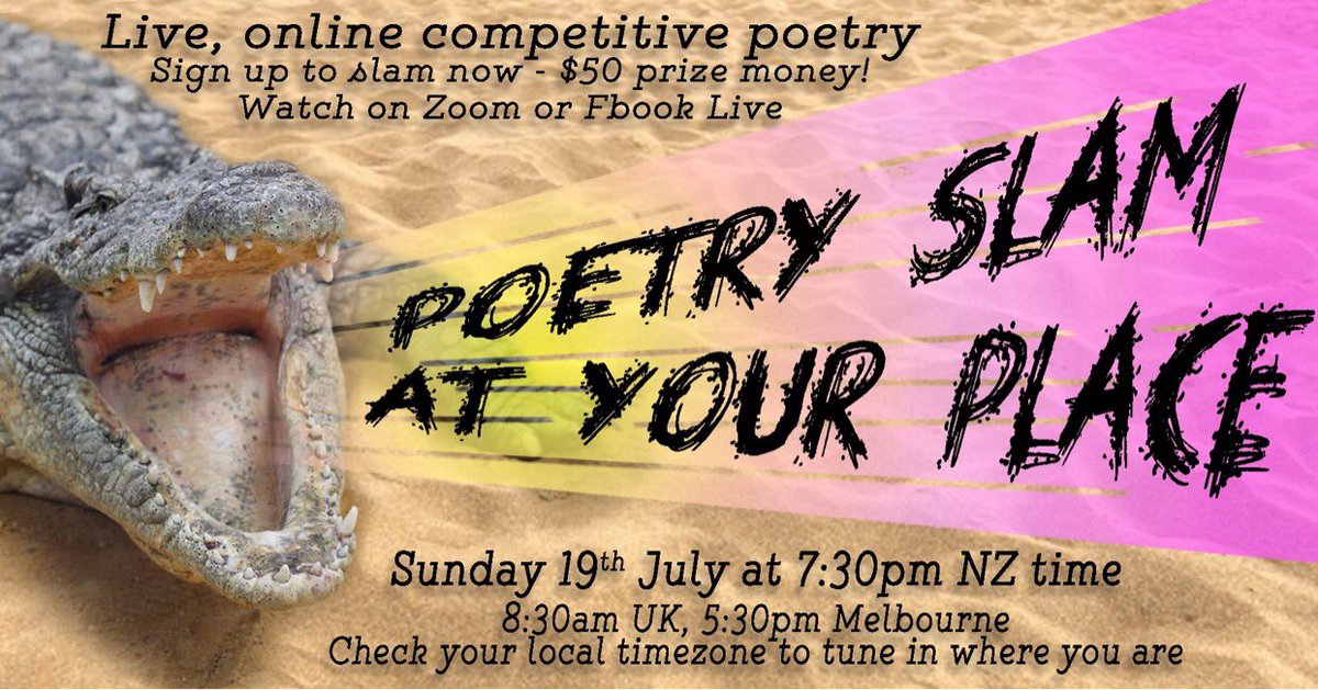 It’s slam time at <a href="/yourplaceevents/">yourplace</a> - this Sunday 19th July - in New Zealand but welcome to the world! It’s a completely interactive affair where the audience can vote. Come join us. It’s really quite good. 😊 facebook.com/events/s/poetr…
