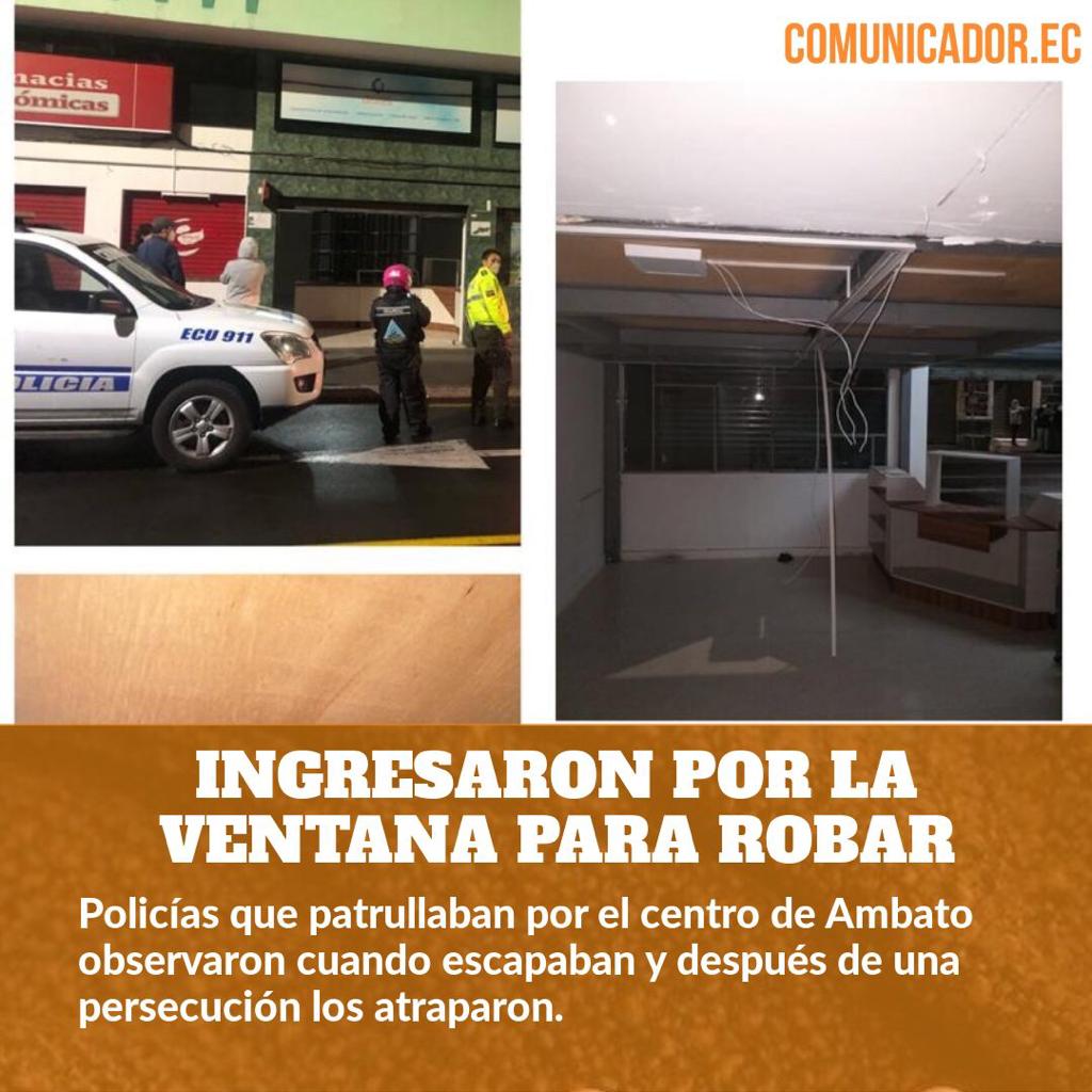 #PatrullaDigital | La Policía del Distrito Norte de #Ambato capturaron a dos presuntos ladrones después de una intensa persecución por el centro de la ciudad.
Los sospechosos salían por las ventanas de un local comercial situado en la Av. 12 de Noviembre y Castillo
#ComunicadorEc