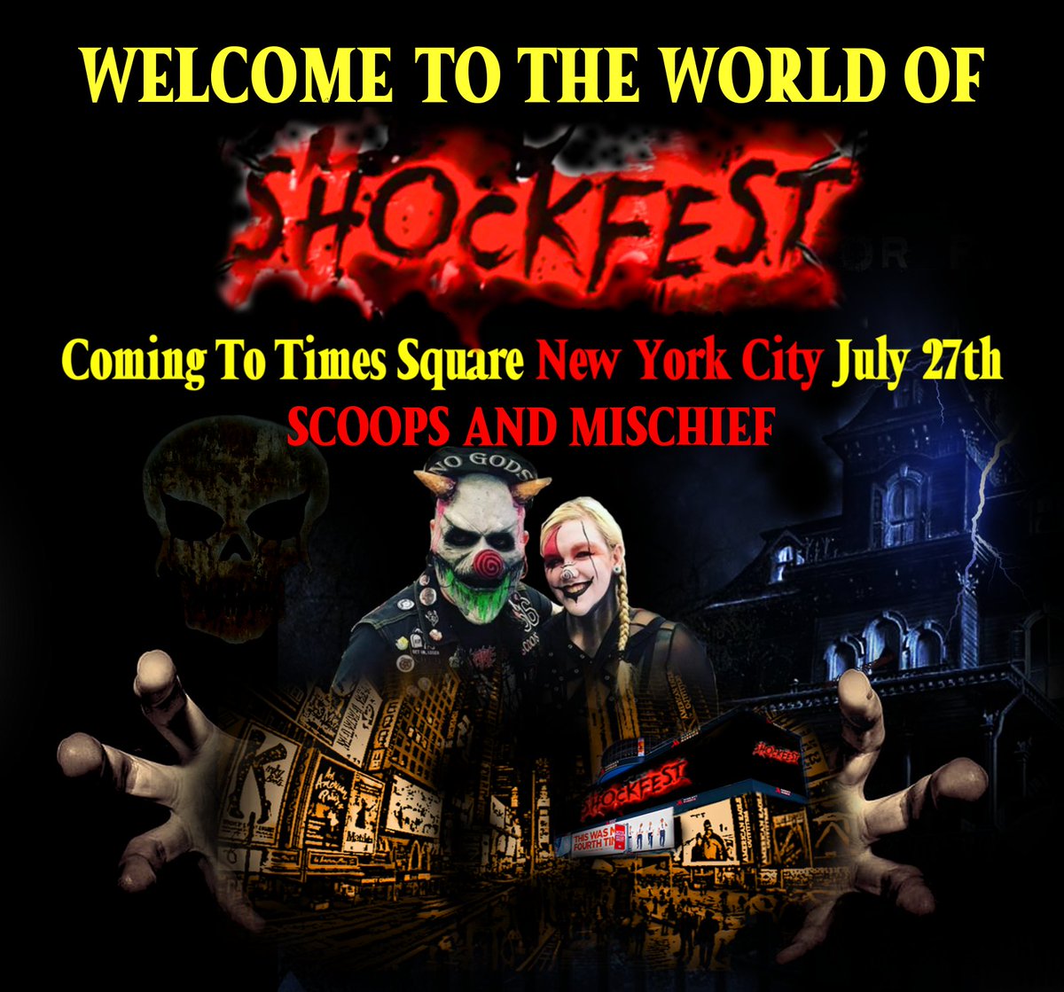 mischiefdaclown's tweet photo. We will be broadcasting live from the biggest billboard in NYC!!! Who wants a free e ticket to this exclusive event?!?! We have 20 to giveaway!! @shockfesthorrorfactory #shockfest #hosts #nyc #timesquare #creepy #coulrophobia #wang #macabe #horror #horrorfilm #FilmFestival https://t.co/uEwvcy2B0f