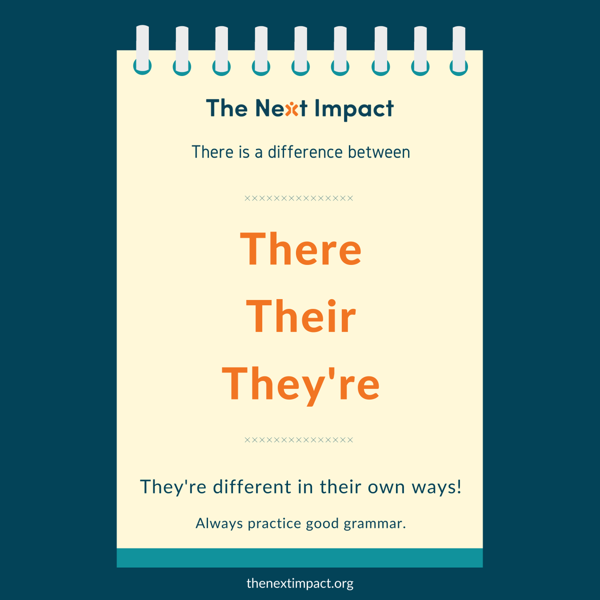 WeAreNextImpact's tweet photo. It's important that we learn the difference between words that sound alike. There, their and they're are three different words with different meaning and it's important that we learn its usage correctly.

#education #learn #children #educate #ngo #nonprofit #thenextimpact https://t.co/yF8HA6xmfd