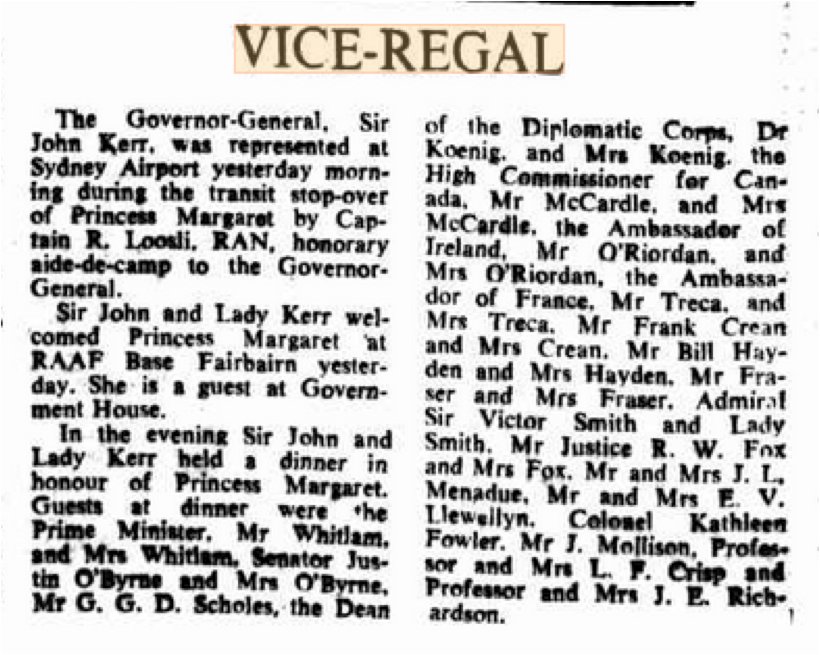 22-Oct-75 Kerrs welcome Princess Margaret at RAAF Fairbairn; she is to be a guest at Government House; dinner for her; Whitlam & other big players, including Fraser, attend 5.png