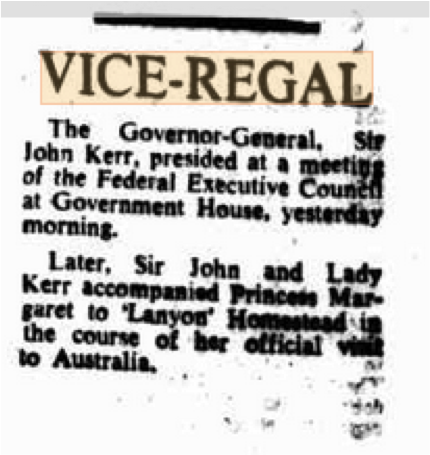 23-Oct-75 Kerr presides over meeting of Federal Executive in Govt House, in the morning. The Kerrs later accompany Princess Margaret to Lanyon Homestead 6.png
