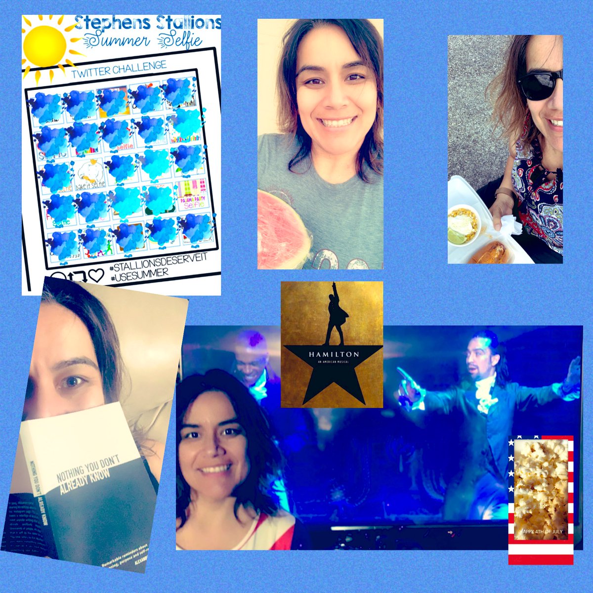 VasquezESL's tweet photo. Summer reading 🤳 : ✅ 
Spread kindness by sharing my 🍉🤳 : ✅    
Picnic 🧺selfie 🤳 : ✅ 
Hamilton Movie night 🤳: ✅ 
#USEsummer #StallionsDeserveIt https://t.co/n7Af1UEMd5