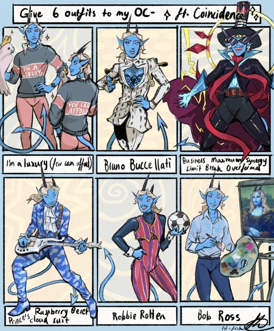 ✨Coincidence 6 ways✨
 ((ft. an interesting array of outfits y'all suggested which honestly work Pretty Well :oc ! also these were v fun to do hehe ))

#dnd 