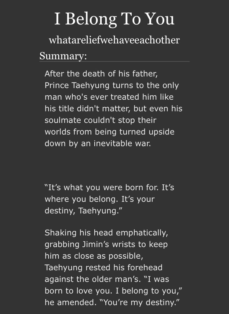 I Belong To You  minors pls stay awaySo okay WOW i absolutely love this fic!!!! (Hehe if you know me, i’m a sucker for royalty aus) Just 8.5k of so much feeling and angst and UGH i enjoyed every second of it and mayhaps teared up a bit :’)  https://archiveofourown.org/works/23658139?view_adult=true