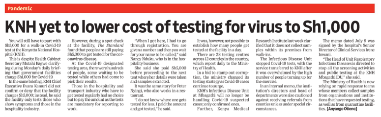 MzalendoWatch's tweet photo. KNH yet to lower cost of testing for virus to Sh 1,000: 
You will still have to part with sh 5,00 for a walk-in Covid-19 test at the Kenyatta National Hospital @KNH_hospital. via @StandardKenya https://t.co/p7dk1PQ5Sl