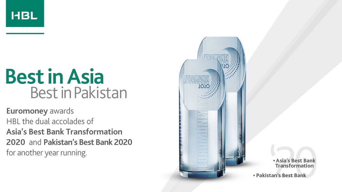 HBLPak's tweet photo. 𝘽𝙚𝙨𝙩 𝙞𝙣 𝘼𝙨𝙞𝙖 / Best in Pakistan.      

Euromoney awards HBL the dual accolades of 'Asia’s Best Bank Transformation 2020' and 'Pakistan’s Best Bank 2020'. #EuromoneyAwards @euromoney @StateBank_Pak @pid_gov https://t.co/mF0nhoNwO0