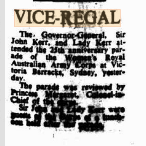 31-Oct-75Kerrs attend WRAAC at Victoria Barracks with Princess Margaret, COS, (doesn't say where she stayed last night, after arriving back from Melbourne, but seems likely Admiralty House?) 13.png