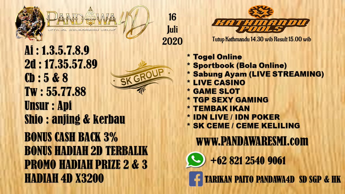 SherlyOlivi's tweet photo. PREDIKSI KATHMANDU POOLS 16-JULY-2020
#Situstogel #Togelonline #BandarTogel #AgentogelSGP #AgenTogel #BandarTogelOnline #SitusTogelHongkong #Prediksitogel #Shiokambing #SitusOnline #cabangresmi #Slotgam #Pokeronline #togelterpercaya #togel
https://t.co/yBsWMYi7V5 https://t.co/o3qWsn5jR2