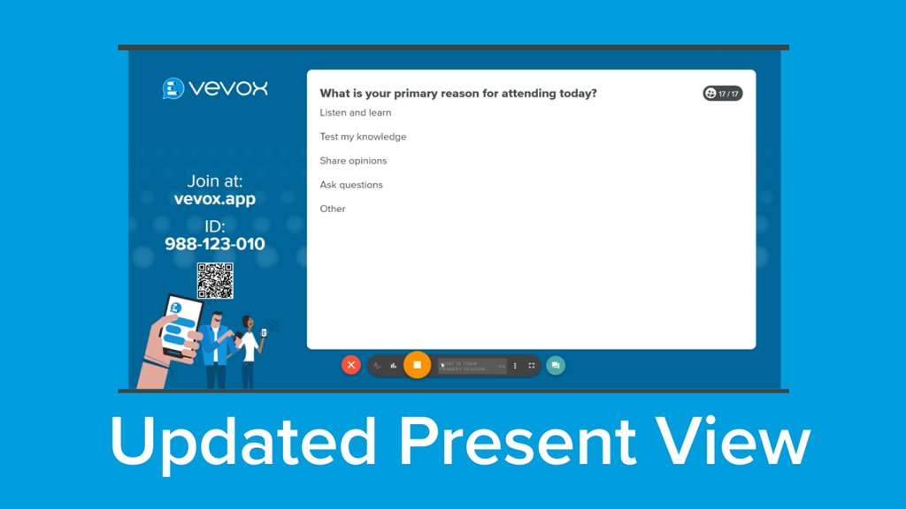 VevoxApp's tweet photo. Vevox Present View is THE way to run live polling and Q&A. Find out why its so simple in our latest blog: https://t.co/OaiOGDgp11 #productupdate #polling #interactivepolling https://t.co/KjyrvITkRB