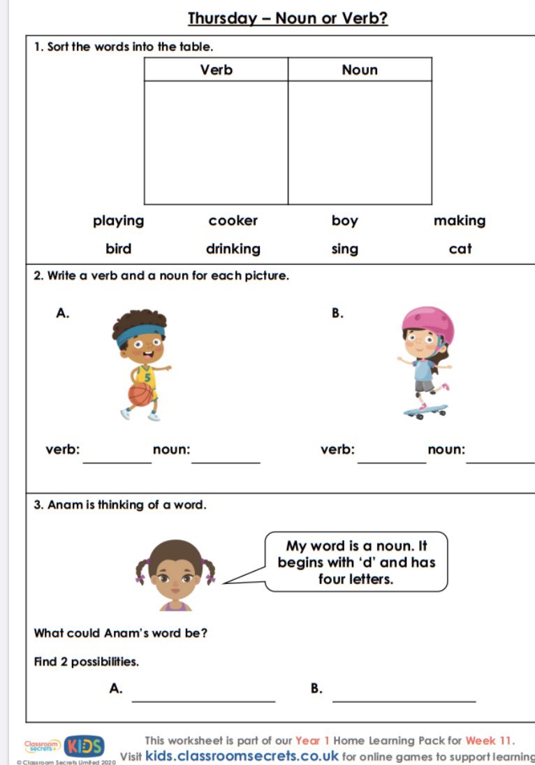 miss_mckimm's tweet photo. 📚 Today in English the children are going to be comparing verbs and nouns. If your child needs a reminder of what a noun is, follow the link here to the learning video: https://t.co/HTR7ZAv6wo. https://t.co/MGZ79JXxNF