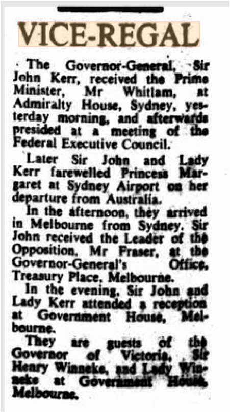 3-Nov-75 Kerr receives Whitlam, later presides over a meeting of the Executive Council, then puts Princess Margaret on plane at Sydney Airport, then flies to Melbourne to receive Fraser at the GG's office, then attends a reception at Government House to stay with Governor 15.png