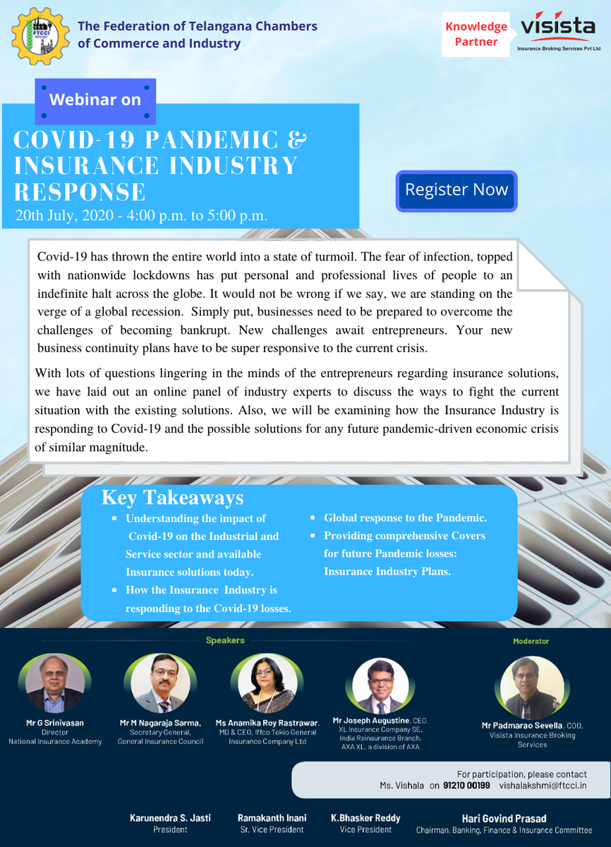 FTCCI's tweet photo. @FTCCI jointly with @VisistaRisk is organizing a webinar on "COVID-19 Pandemic and Insurance Industry Response".
🗓️ 20th July, 2020 (Monday)
🕒 4pm to 5pm
🚶🏻 Free Entry
📝Register Here:⤵️
https://t.co/EECKZwh4bw
| #FTCCI | #VisistaRisk | #InsuranceBrokingServices | #Insurance | https://t.co/FdUQtLMyQG