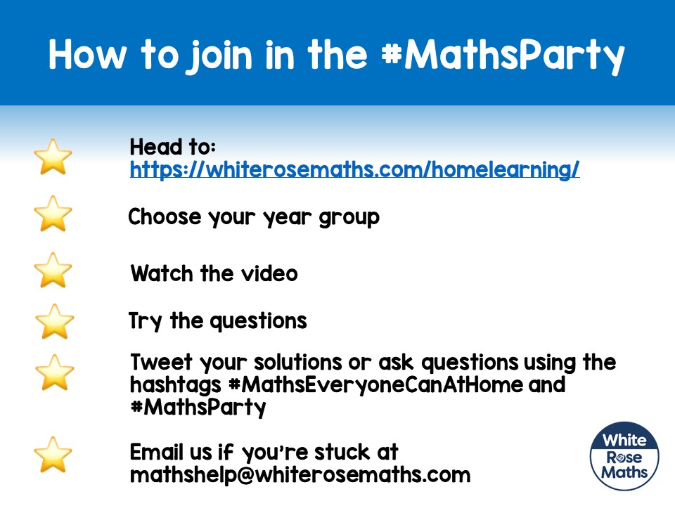 WhiteRoseEd's tweet image. 🏡 Morning! It&apos;s our LAST day of #HomeLearning! 😢
Here&apos;s how to join our final #MathsParty of the term!
ow.ly/lwOY50zoN3n
#MathsEveryoneCanAtHome