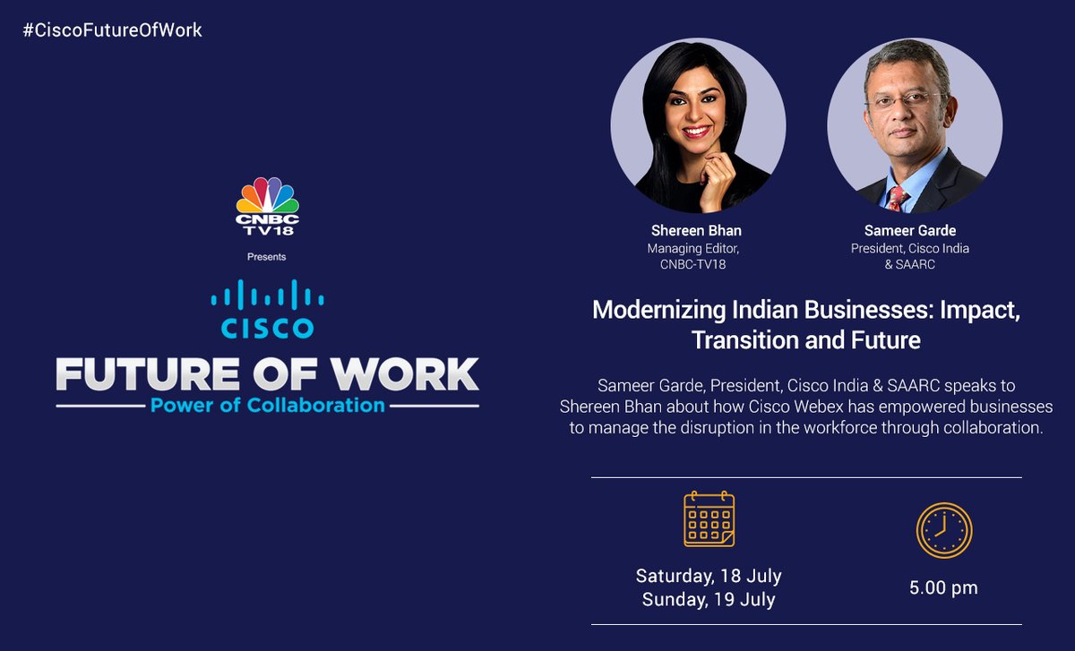 CNBCTV18News's tweet photo. During lockdown, 1 brand helped enterprises manage business continuity by harnessing technology. Sameer Garde, President, @cisco_in &amp; SAARC, speaks to @ShereenBhan in Cisco presents 'Future Of Work: Power Of Collaboration', Saturday &amp; Sunday @ 5 PM.
#CiscoFutureOfWork  #Partnered https://t.co/emDfAZJsky