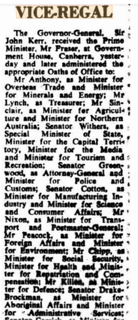 12-Nov-75 Kerr receives PM Fraser & later administers oaths to Anthony, Lynch, Withers, Greenwood, cotton, Nixon, Peacock, Chipp, Killen, Drake-Brockman, Carrick, Street, Guilfoyle. Followed by meetings Hungarian Ambassador & Europe DFA 23.png