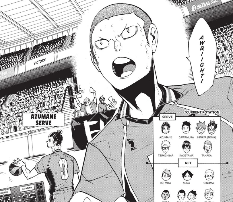 Ch. 262: Always Face/Fall ForwardOn the tail-end of Set 1, Tanaka rotates to Front row (symbolically going 'forward'). This panel shows that as Asahi rotates to the back, Tanaka now takes the responsibility of being left-side hitter (the spiker that the team mostly relies on)