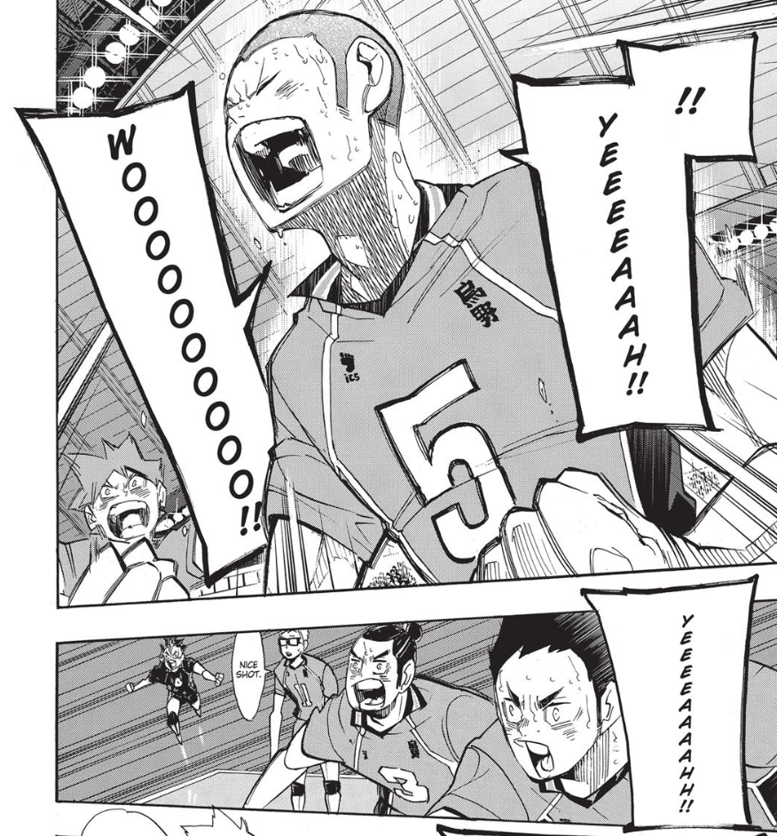 Pressured by Inarizaki blockers, he rises up to the challenge: confidently calling for the toss and winning Set 1 for Karasuno.