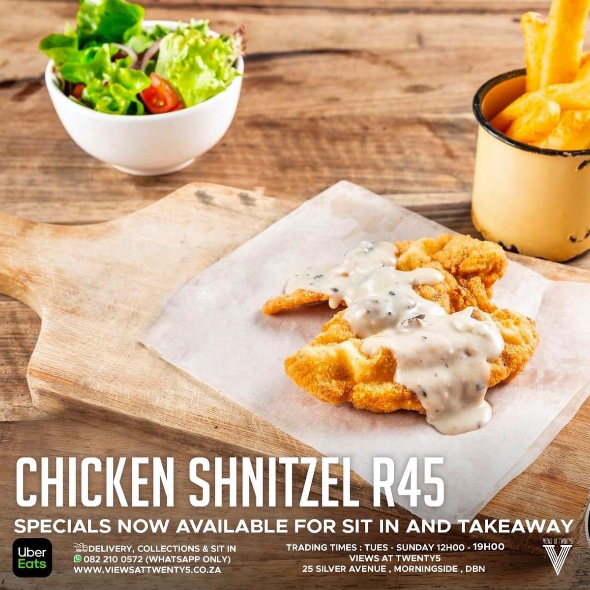 ViewsatTwenty5's tweet photo. Lunch Is Served!😋 Take advantage of our Succulent Chicken Schnitzel Special @viewsattwenty5.  150g Crumbed Chicken Breast Accompanied with a Mushroom Sauce
served with Chips + Salad for only R45

Special Available for Sit Ins and Takeaway 
Order Now ☎️ 0822100572

#ViewsIsBack https://t.co/n2HaeZ98qG