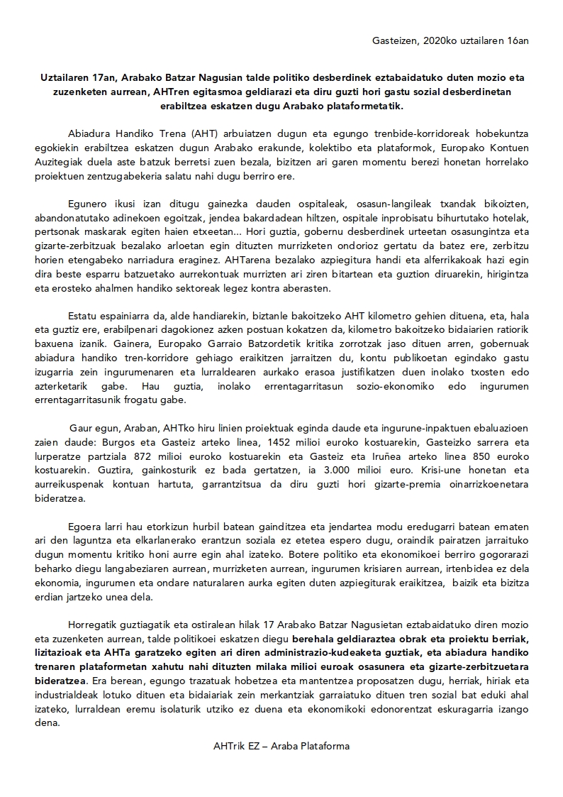AHTrikEZARABA's tweet photo. Uztailaren 17an, Arabako Batzar Nagusian talde politiko desberdinek eztabaidatuko duten mozio eta zuzenketen aurrean, AHTren egitasmoa geldiarazi eta diru guzti hori gastu sozial desberdinetan erabiltzea eskatzen dugu Arabako plataformetatik. https://t.co/94NzWKomu0